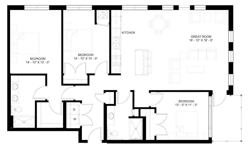 Floor plan for 3 beds, 2 baths, 1549 sqft